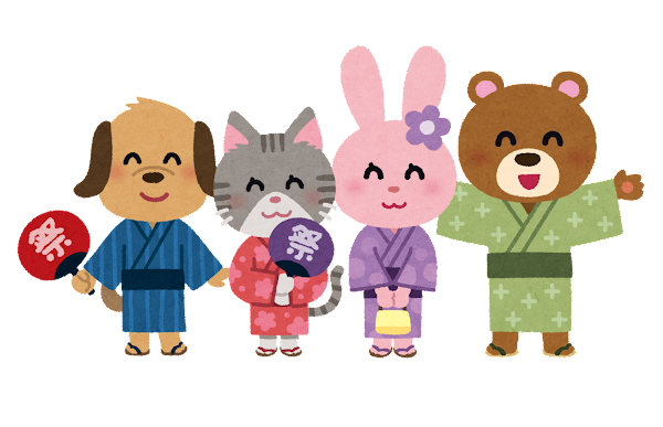 浴衣を着た動物のキャラクター