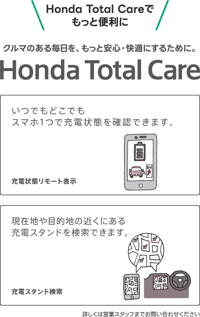 Honda Total Careでもっと便利に「充電状態リモート表示」「充電スタンド検索」