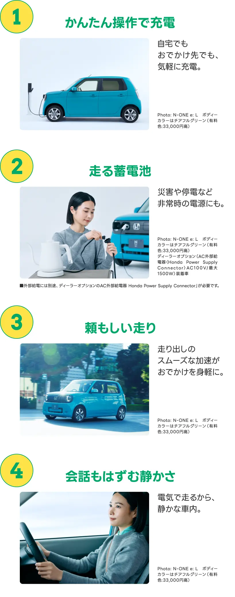 （1）かんたん操作で充電（2）走る蓄電池（3）頼もしい走り（4）会話もはずむ静かさ
